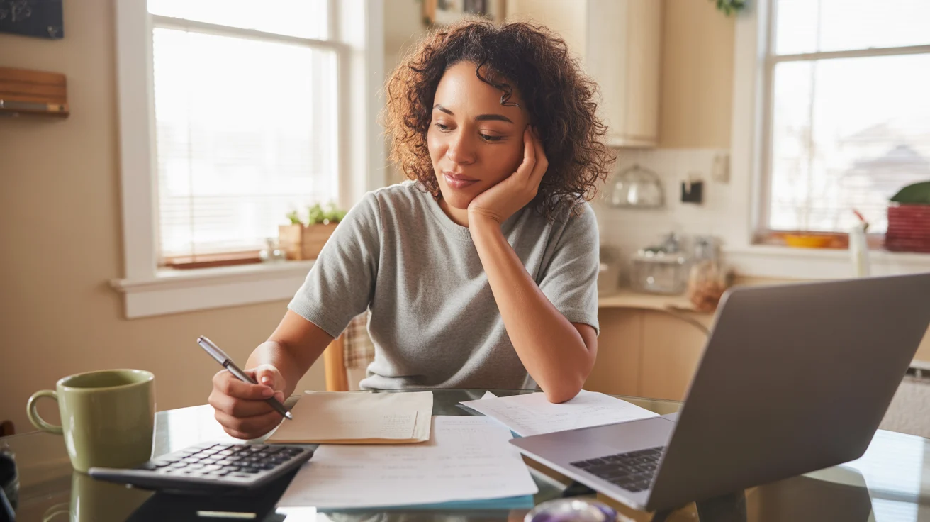 Woman reviewing monthly budget and expenses at kitchen table in Charlotte apartment