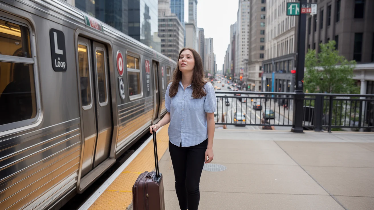 Woman arriving in Chicago by L train with suitcase, taking in city view