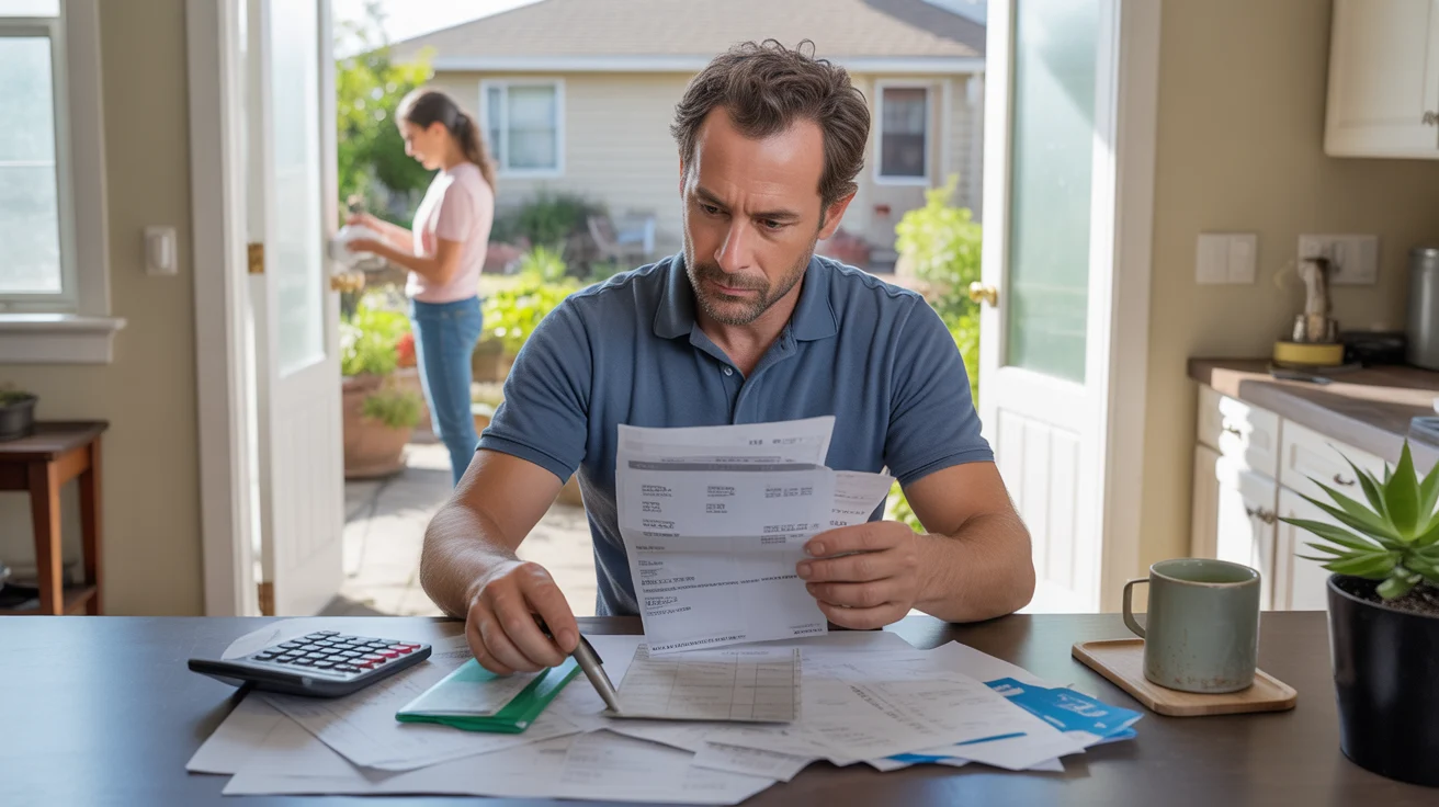 Man reviewing utility bills and fees at his kitchen table in Arvada, Colorado