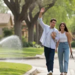 Couple walking dog on residential street in Ontario CA