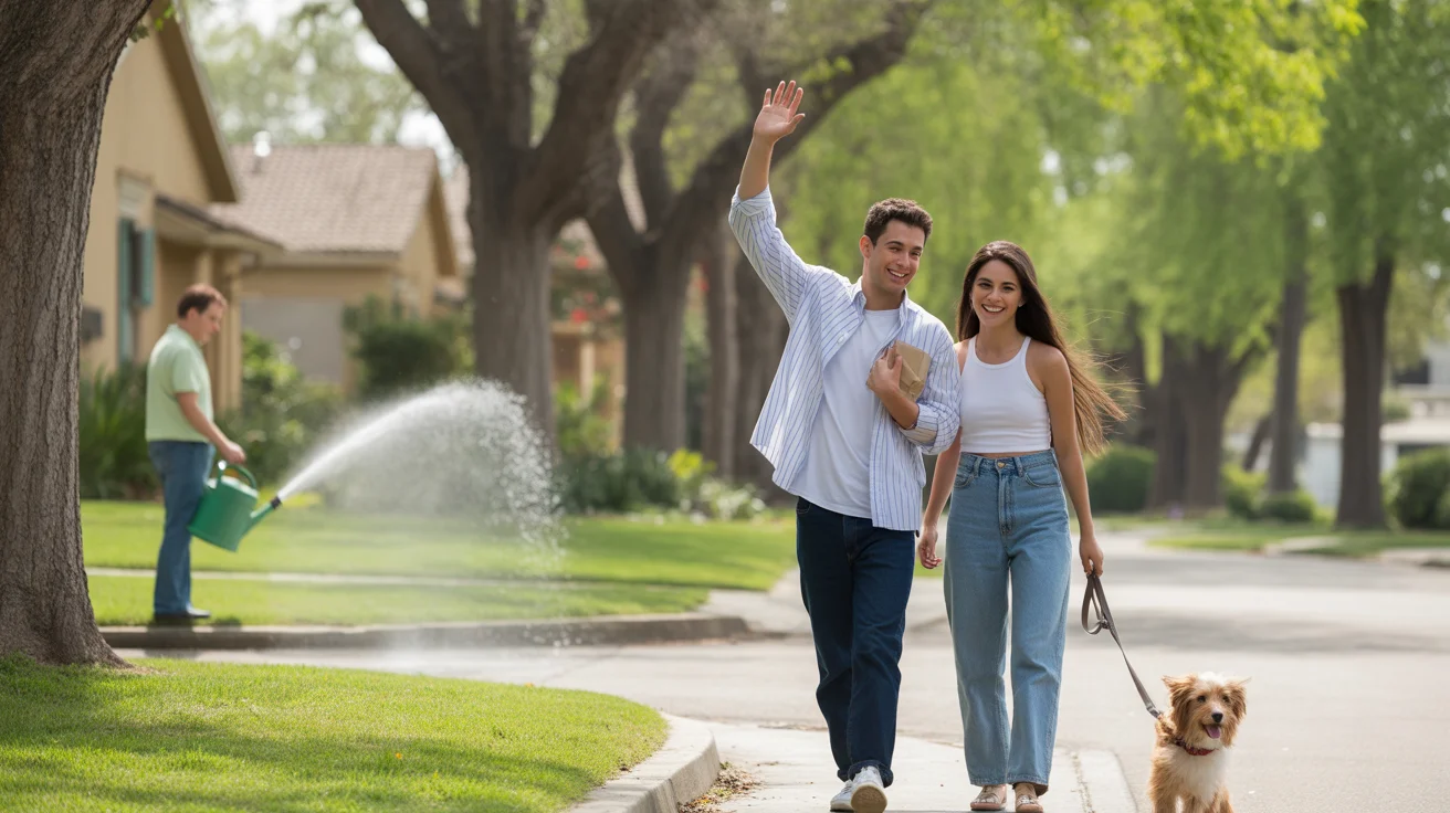 Couple walking dog on residential street in Ontario CA