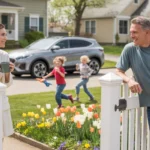 Two neighbors chatting over a fence in a peaceful Huntersville neighborhood with flowers and children playing