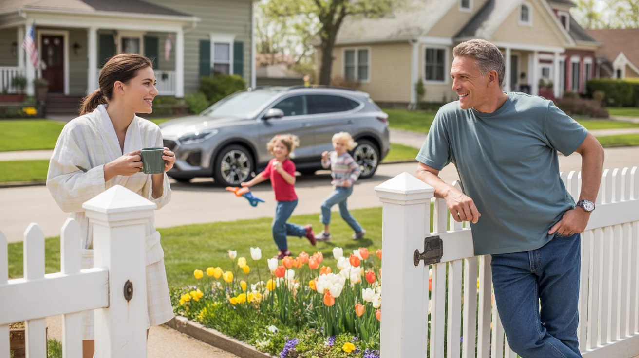 Two neighbors chatting over a fence in a peaceful Huntersville neighborhood with flowers and children playing