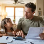 Father and daughter reviewing high summer electric bill at kitchen table
