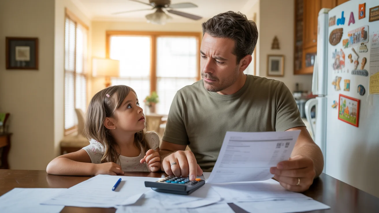 Father and daughter reviewing high summer electric bill at kitchen table