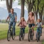 Family biking on a trail in Taylorsville, UT with mountains in the background