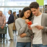 A couple shops for produce together in a Denver grocery store