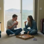 A couple eating pizza on the floor of their new apartment in Sandy, Utah surrounded by moving boxes