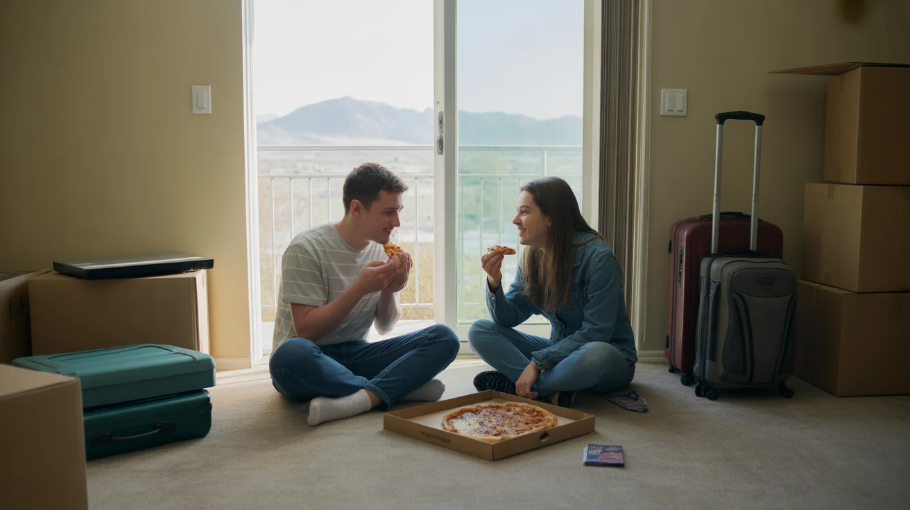 A couple eating pizza on the floor of their new apartment in Sandy, Utah surrounded by moving boxes