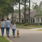 Family walking dog through peaceful Alpharetta neighborhood with new homes