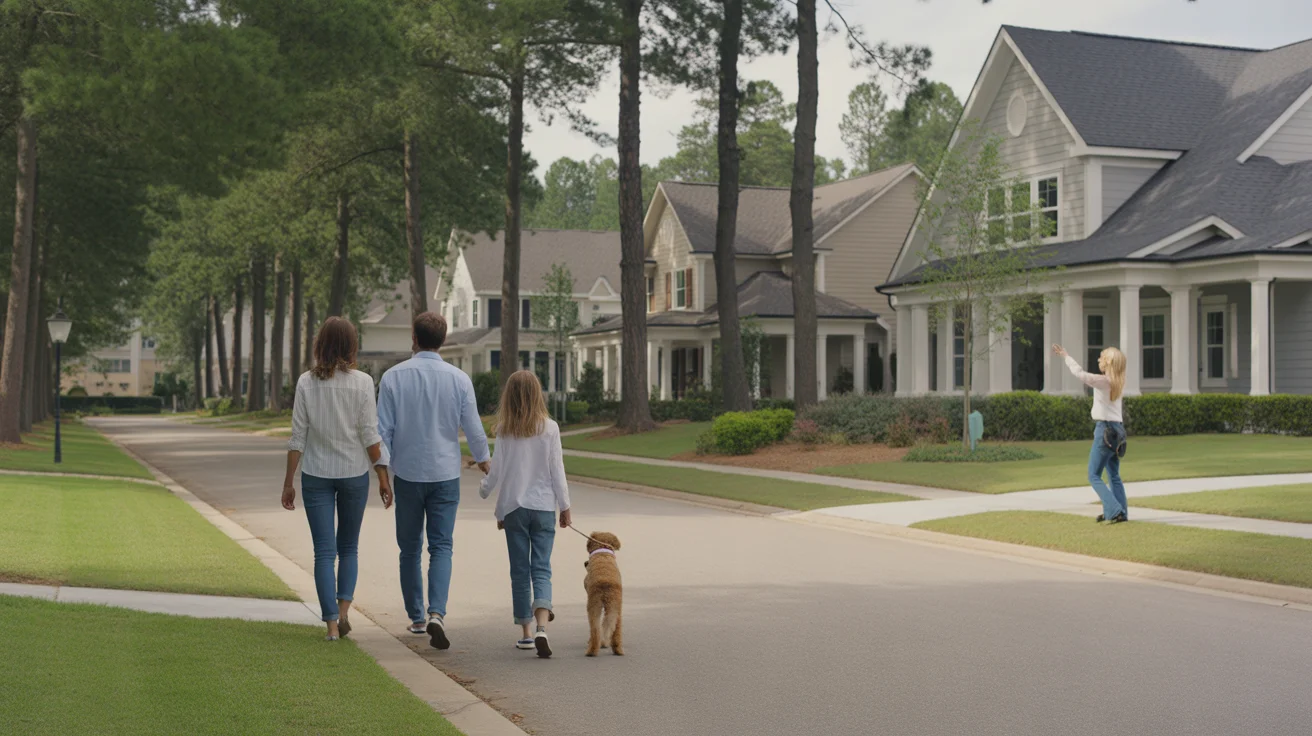 Family walking dog through peaceful Alpharetta neighborhood with new homes