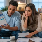 Couple reviewing streaming options and bills in Lexington apartment living room