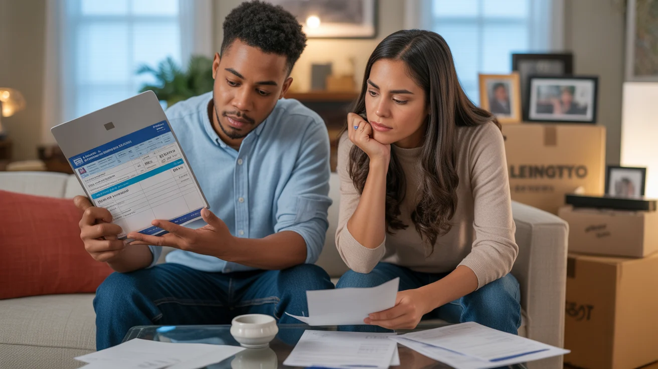 Couple reviewing streaming options and bills in Lexington apartment living room