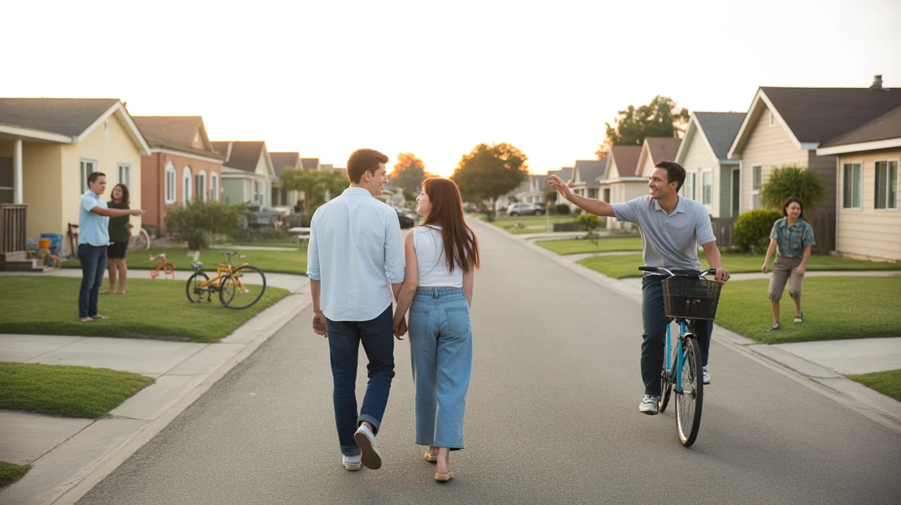 A couple walks down a residential street in Ontario, CA at sunset as a cyclist rides past neat single-family homes.