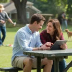 Couple looks at Roswell real estate listings in the park