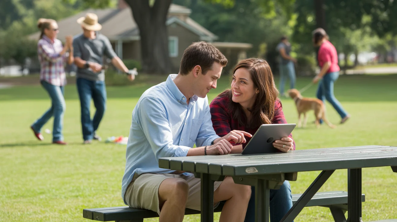 Couple looks at Roswell real estate listings in the park