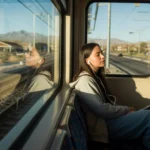 Teenage girl wearing earbuds sits alone by the window on a light rail train in Paradise, NV