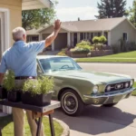 Older couple waves to neighbor while enjoying hobbies in their garage on a sunny day in an Arvada suburb.