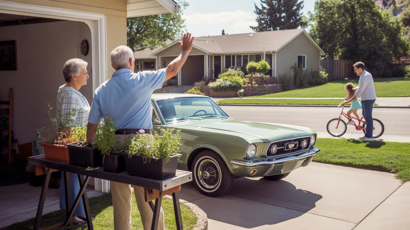 Older couple waves to neighbor while enjoying hobbies in their garage on a sunny day in an Arvada suburb.