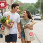 Couple carrying groceries out of H-E-B store in The Woodlands, TX