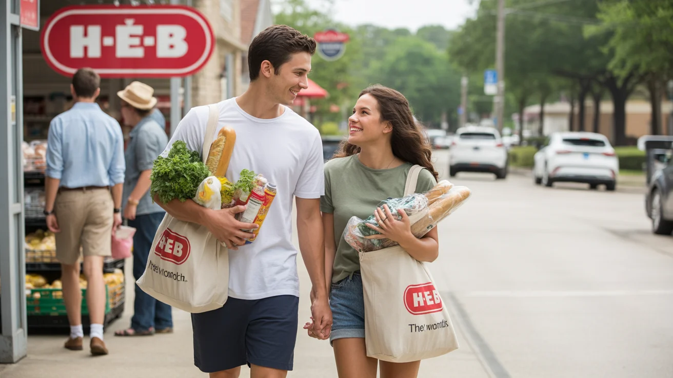 Couple carrying groceries out of H-E-B store in The Woodlands, TX