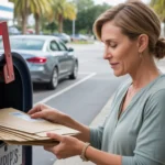 Woman mailing utility bills and payments at post office mailbox in Kissimmee, Florida