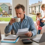 Man reviewing bills and budgeting in his Centennial townhome kitchen