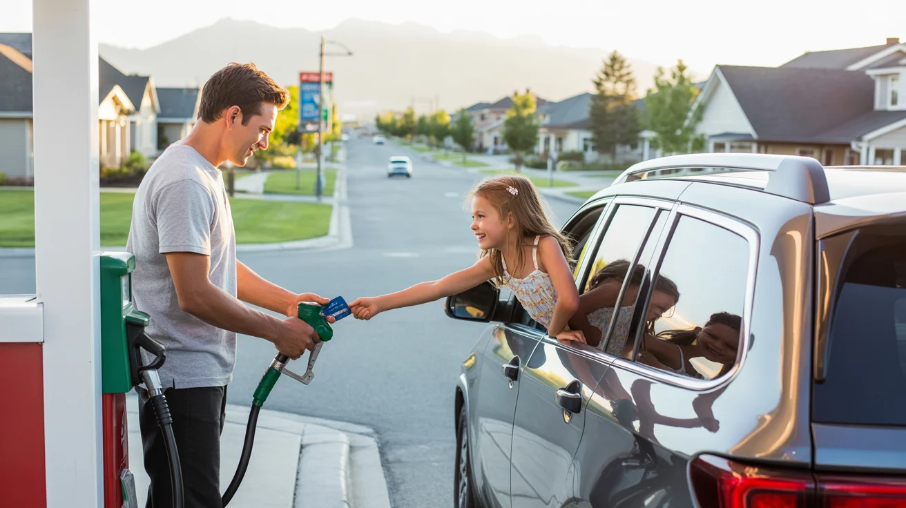 Father pumping gas with daughter's help at a West Jordan corner station at sunset.