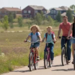 Family biking on a trail in Westminster, Colorado open space
