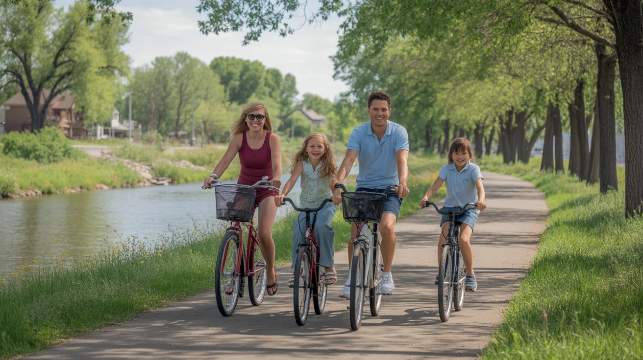 A family bikes together on the Mary Carter Greenway Trail in Littleton, Colorado