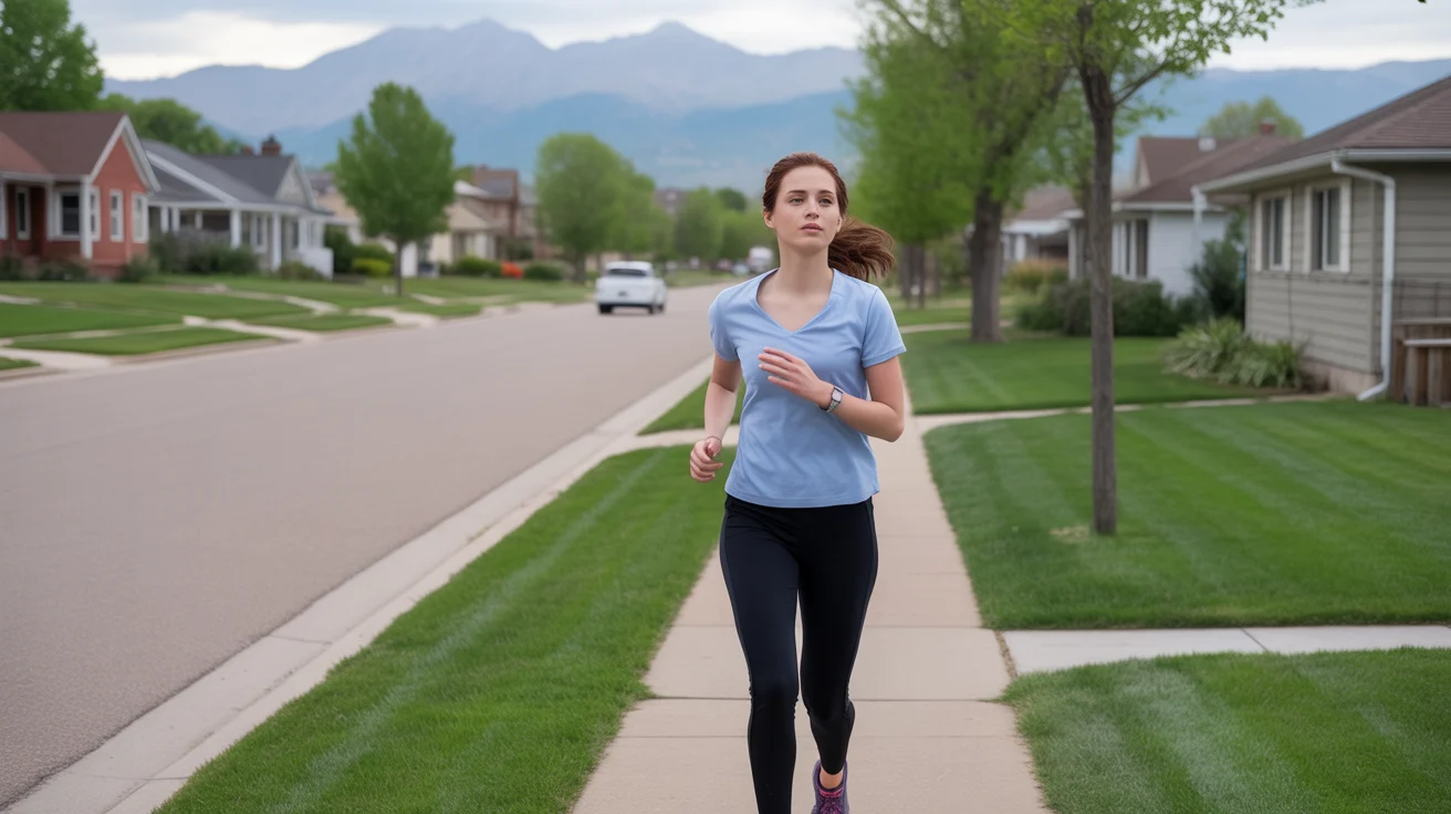 A jogger pauses on a residential sidewalk in Westminster, Colorado with mountain views