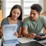 Couple reviewing bills and contracts at kitchen table in new Murrieta apartment