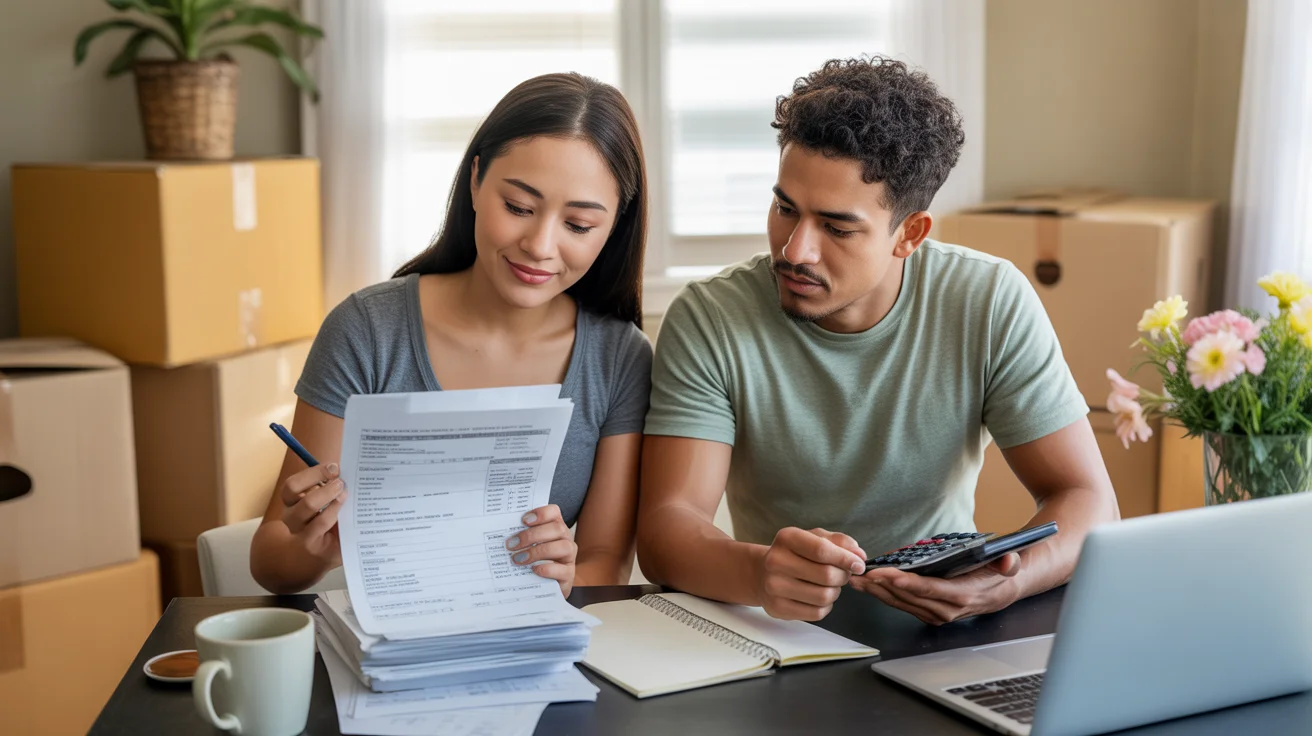 Couple reviewing bills and contracts at kitchen table in new Murrieta apartment