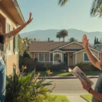 Neighbors wave to each other from apartment balcony and house porch in Santa Ana
