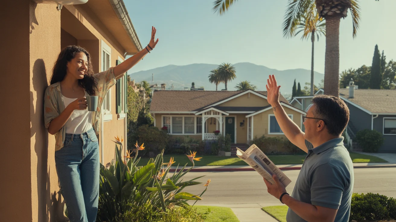 Neighbors wave to each other from apartment balcony and house porch in Santa Ana