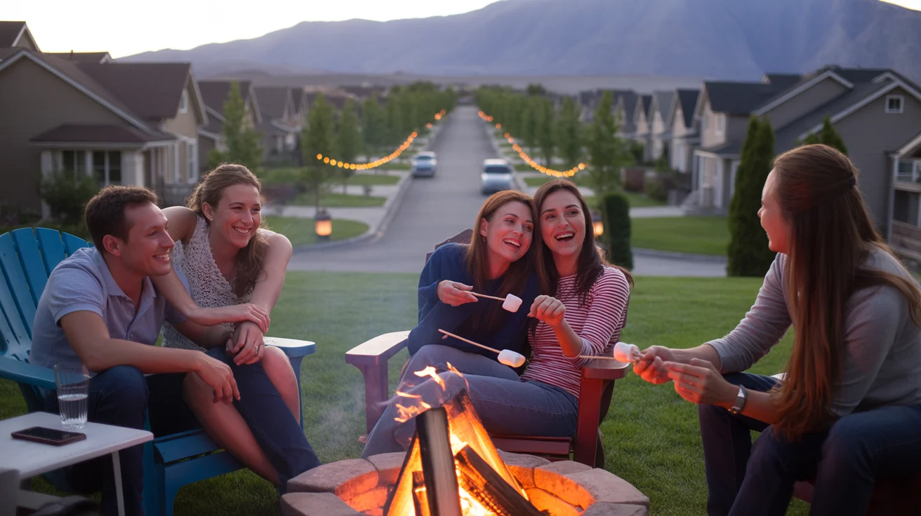 Four friends relax around a backyard firepit in Lehi, Utah on a summer evening, smartphones resting nearby.