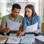 Couple reviewing utility bills and fees at kitchen table in new Spring Valley home