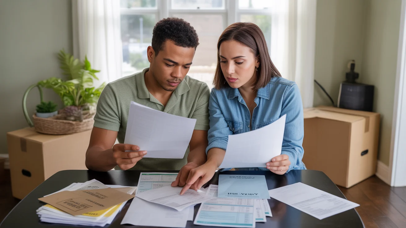 Couple reviewing utility bills and fees at kitchen table in new Spring Valley home