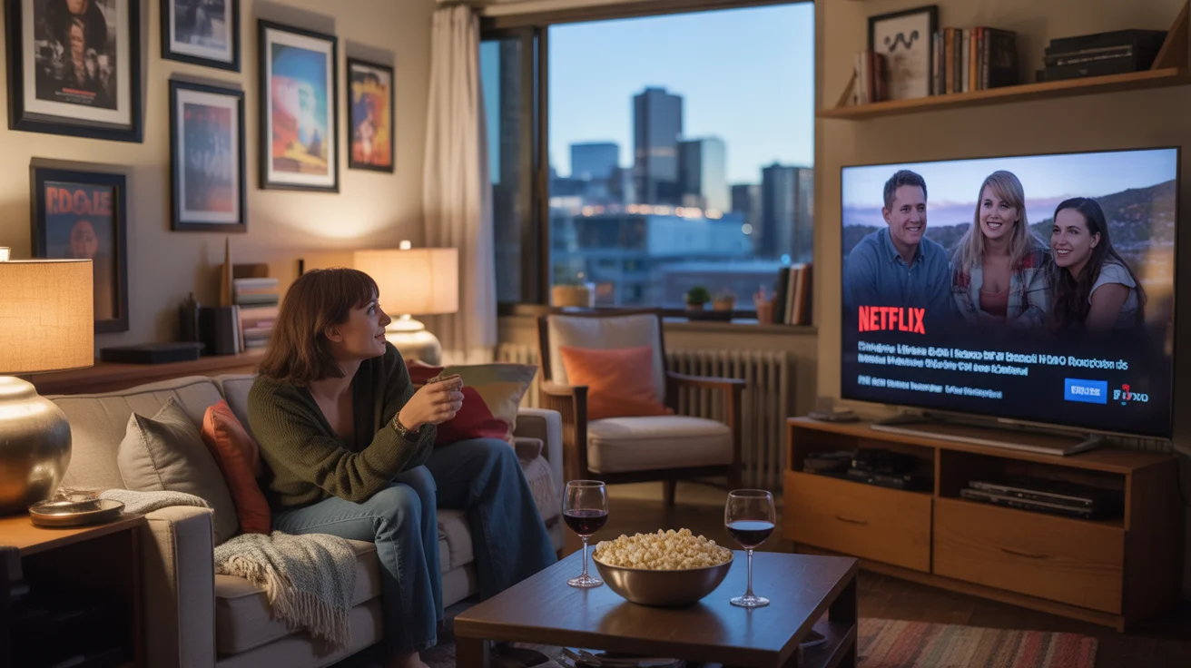 Cozy Denver apartment living room with movie posters and TV set up for a night of Netflix streaming