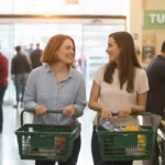 Two young women shopping for groceries together in a supermarket aisle in Tustin, California