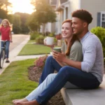 A couple sits on their front steps, drinking coffee and enjoying a quiet evening in their new Apex neighborhood.