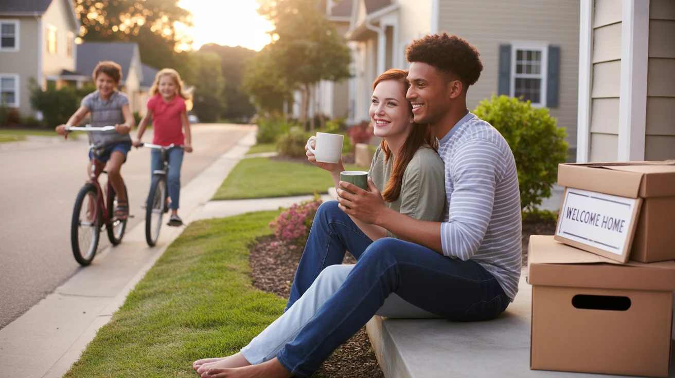 A couple sits on their front steps, drinking coffee and enjoying a quiet evening in their new Apex neighborhood.