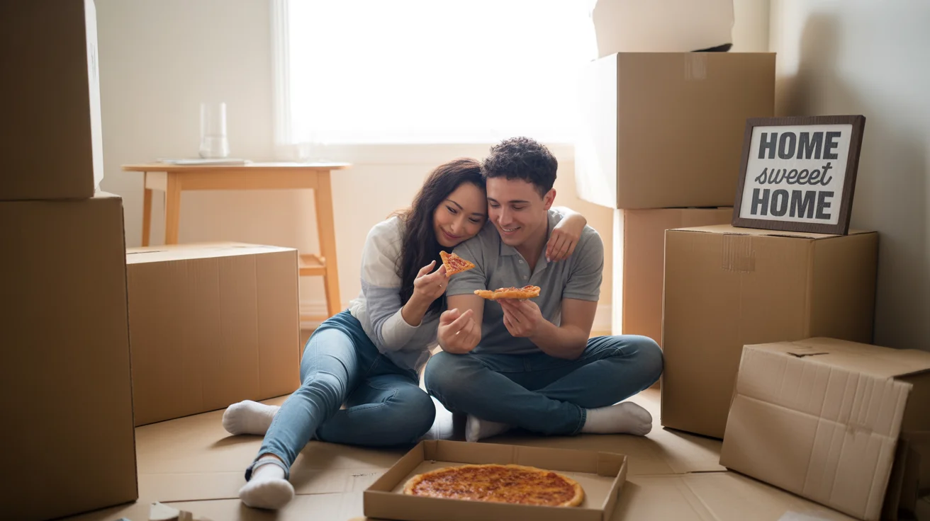 Couple eating pizza on floor of new apartment in Winter Garden surrounded by moving boxes