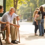 A young woman chats with an older man at a bus stop bench on a sunny, tree-lined street in Roswell, Georgia