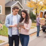 A couple considers a townhome and house for sale in a Thornton neighborhood in autumn