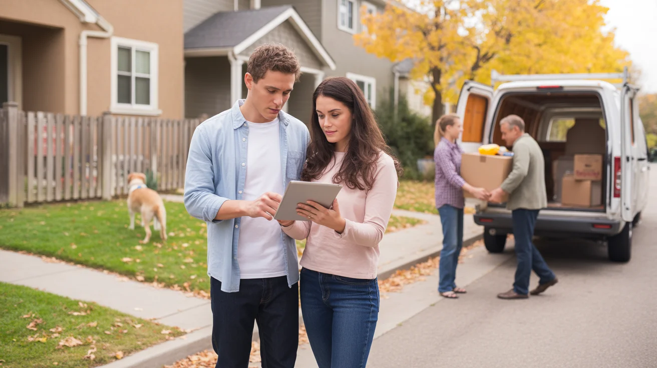A couple considers a townhome and house for sale in a Thornton neighborhood in autumn
