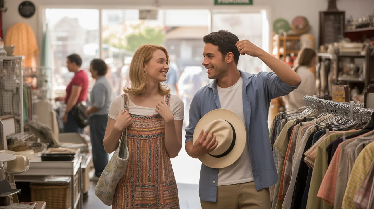 Two friends enjoying budget-friendly shopping at a thrift store in Fontana, CA