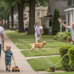 A father and son walking down a sidewalk in a peaceful Huntersville neighborhood, passing by a friendly older neighbor trimming his hedges.