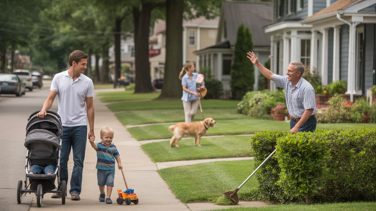 A father and son walking down a sidewalk in a peaceful Huntersville neighborhood, passing by a friendly older neighbor trimming his hedges.