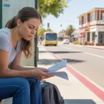 Young woman reviewing papers while waiting for bus in Anaheim, California